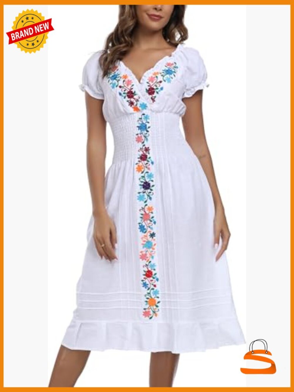 Women's Mexican Embroidered Casual Dress V-Neck Short Sleeves Boho - Picture 2 of 7